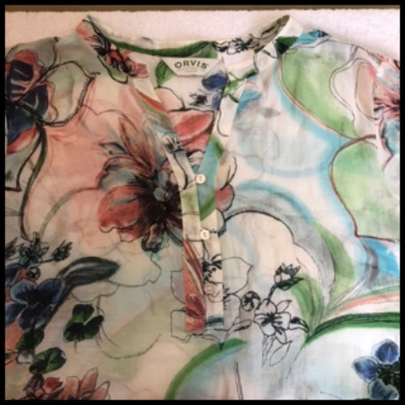 Orvis Semi Sheer Cotton Floral Tunic Top Size L - Picture 3 of 10